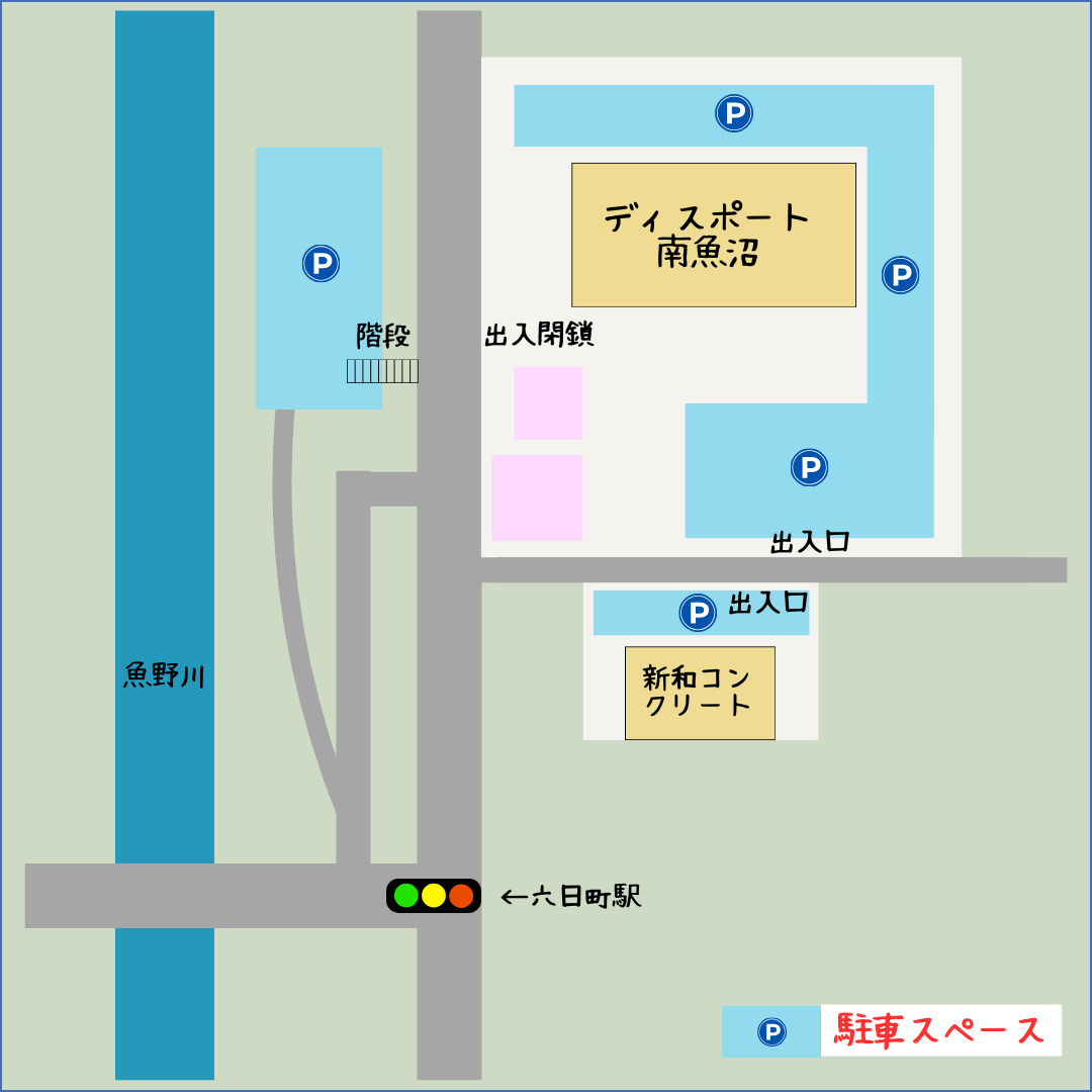ディスポート南魚沼の駐車場案内図。施設周辺と魚野川河川敷に駐車スペースがある